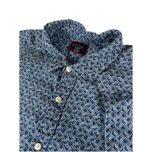 UNTUCKit Silineo Men's XL Blue White‎ Geometric Waves Linen Short Sleeve Shirt